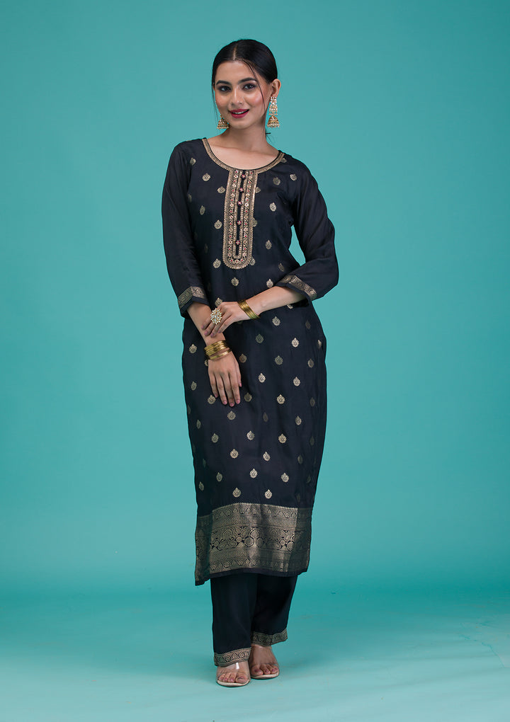 Black Zariwork Crepe Readymade Salwar Suit