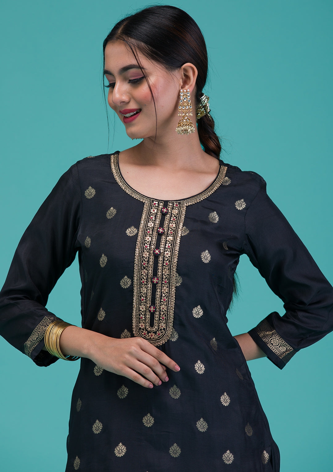 Black Zariwork Crepe Readymade Salwar Suit