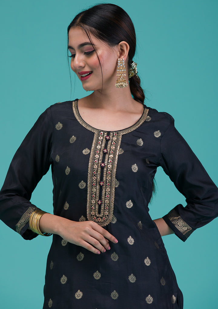 Black Zariwork Crepe Readymade Salwar Suit