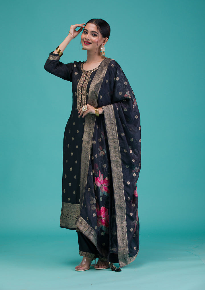 Black Zariwork Crepe Readymade Salwar Suit