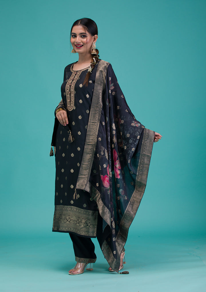 Black Zariwork Crepe Readymade Salwar Suit