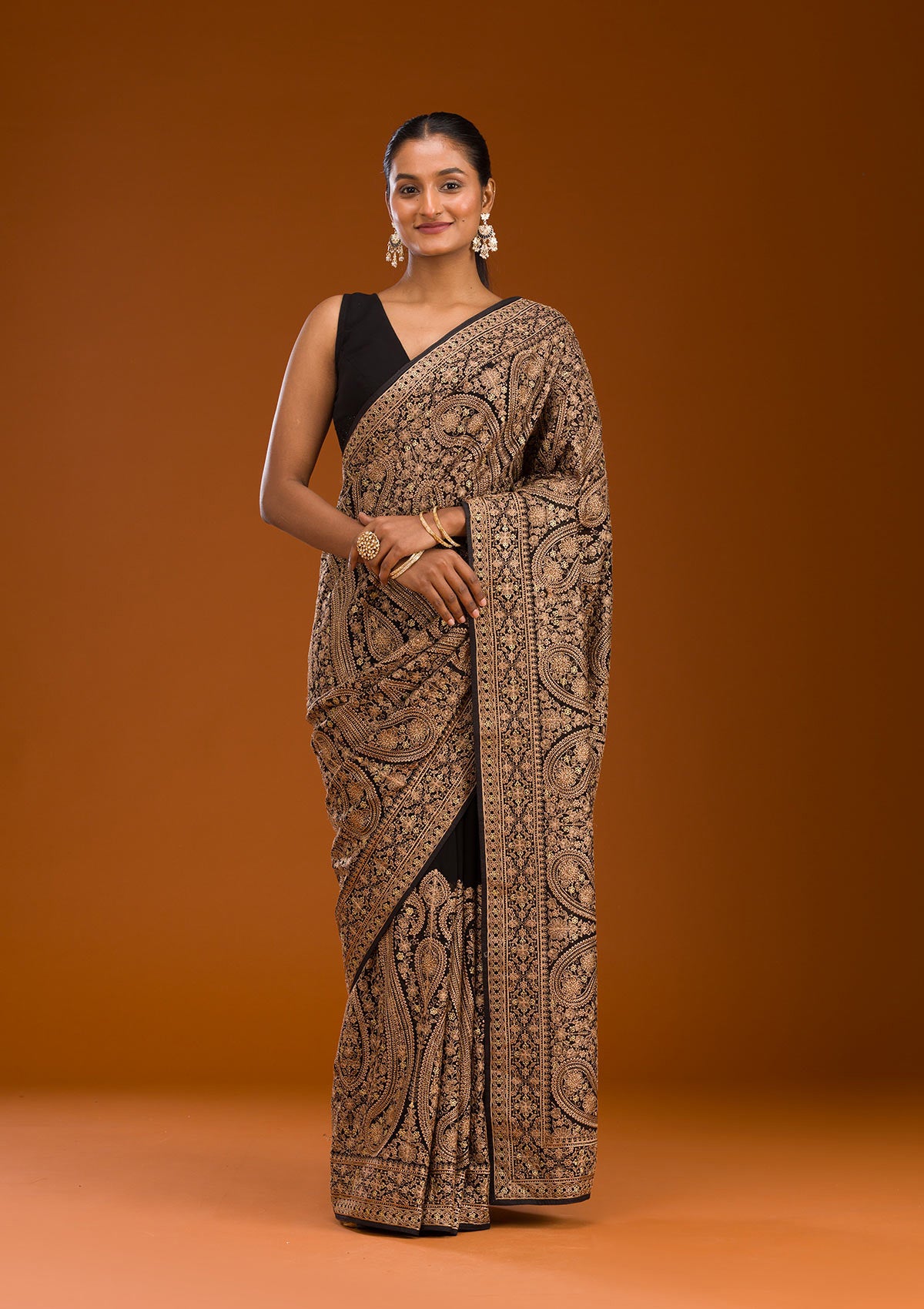 Buy Black Zariwork Georgette Saree - Koskii