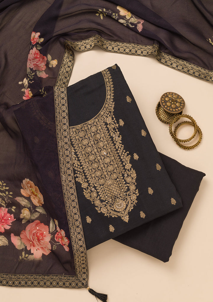 Black Zariwork Semi Crepe Unstitched Salwar Suit