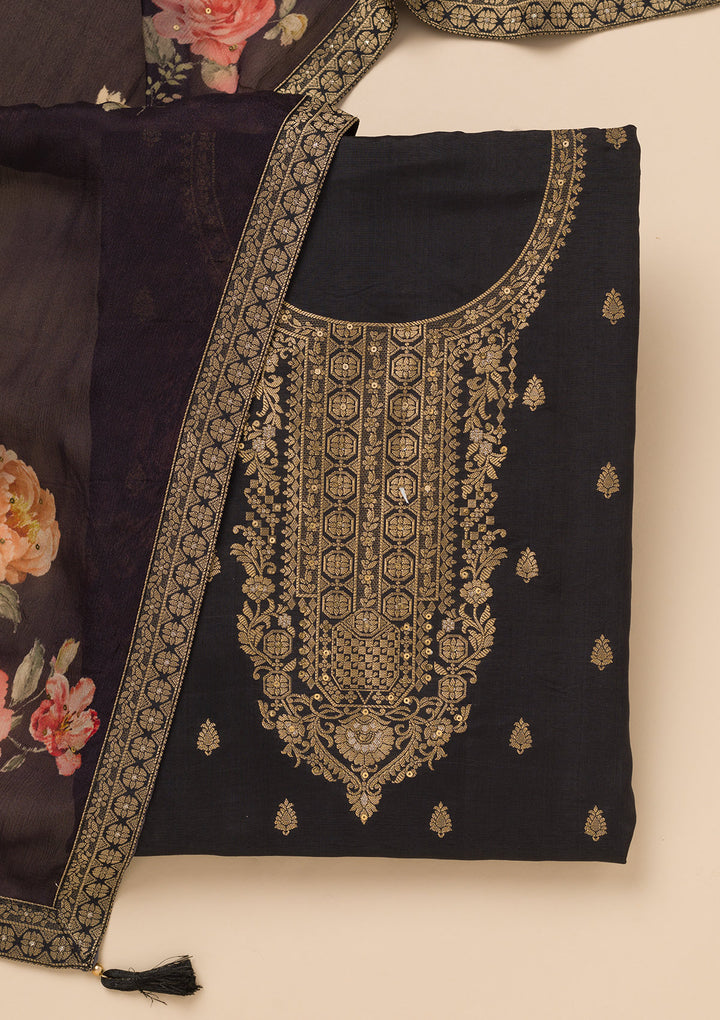 Black Zariwork Semi Crepe Unstitched Salwar Suit