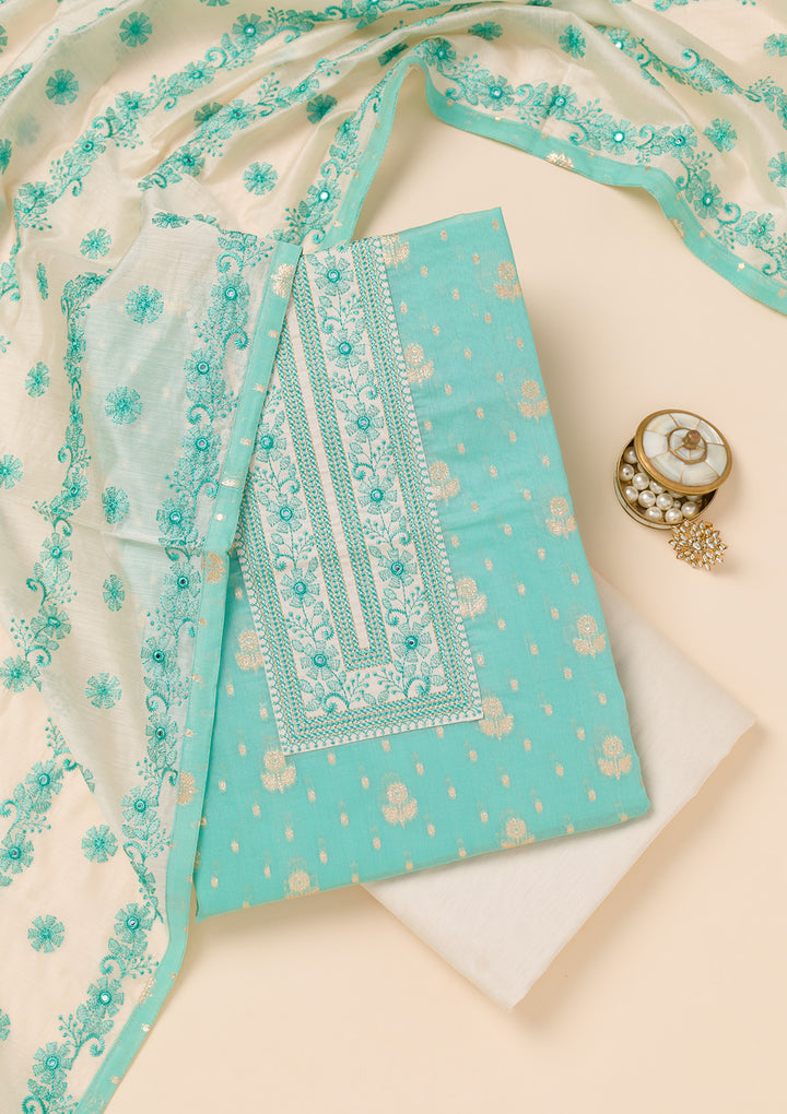 Blue Threadwork Banarasi Unstitched Salwar Suit