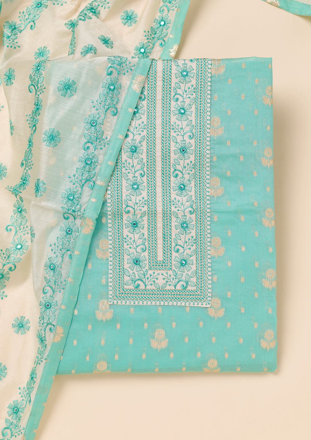 Blue Threadwork Banarasi Unstitched Salwar Suit