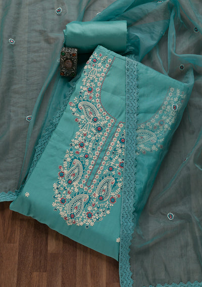 Blue Threadwork Crepe Unstitched Salwar Suit