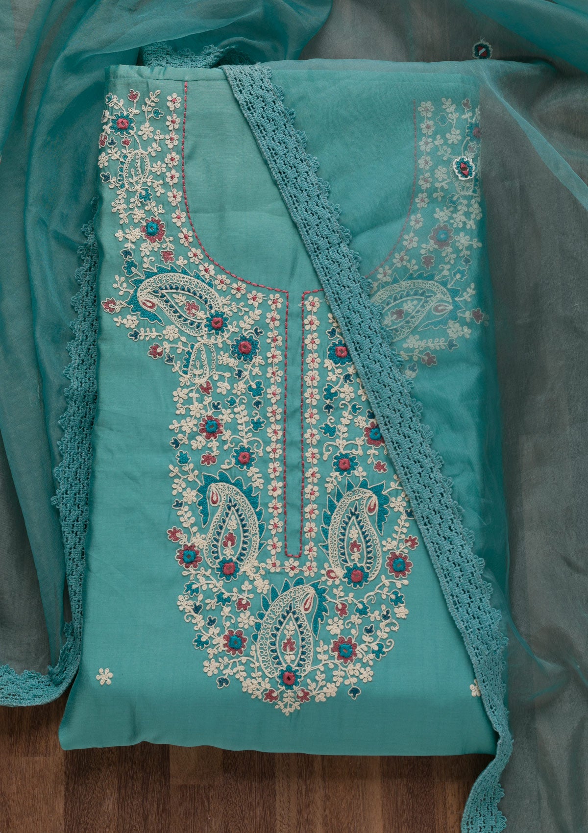 Blue Threadwork Crepe Unstitched Salwar Suit
