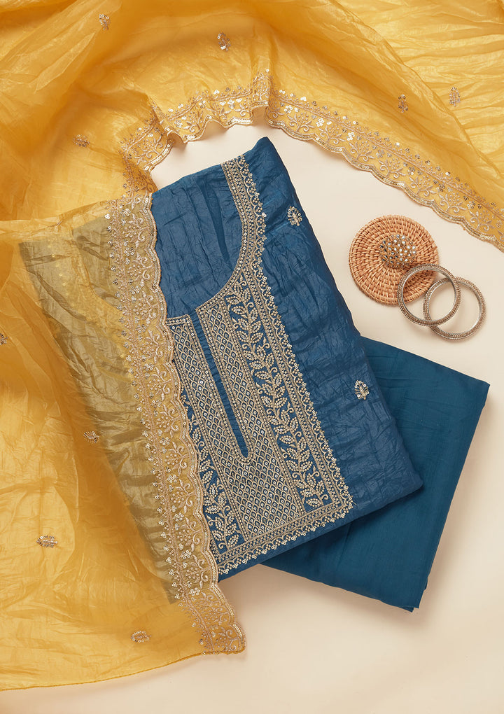 Blue Threadwork Semi Crepe Unstitched Salwar Suit