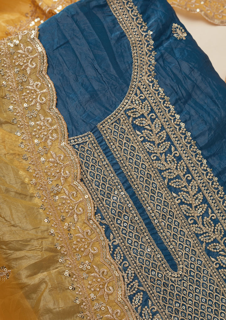 Blue Threadwork Semi Crepe Unstitched Salwar Suit