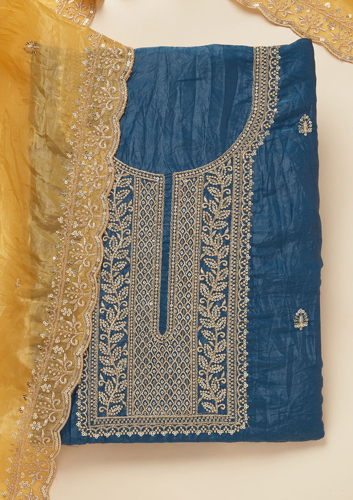 Blue Threadwork Semi Crepe Unstitched Salwar Suit