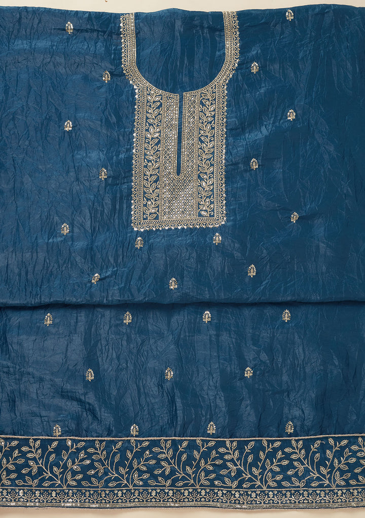 Blue Threadwork Semi Crepe Unstitched Salwar Suit
