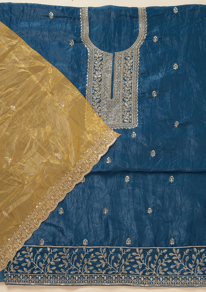 Blue Threadwork Semi Crepe Unstitched Salwar Suit