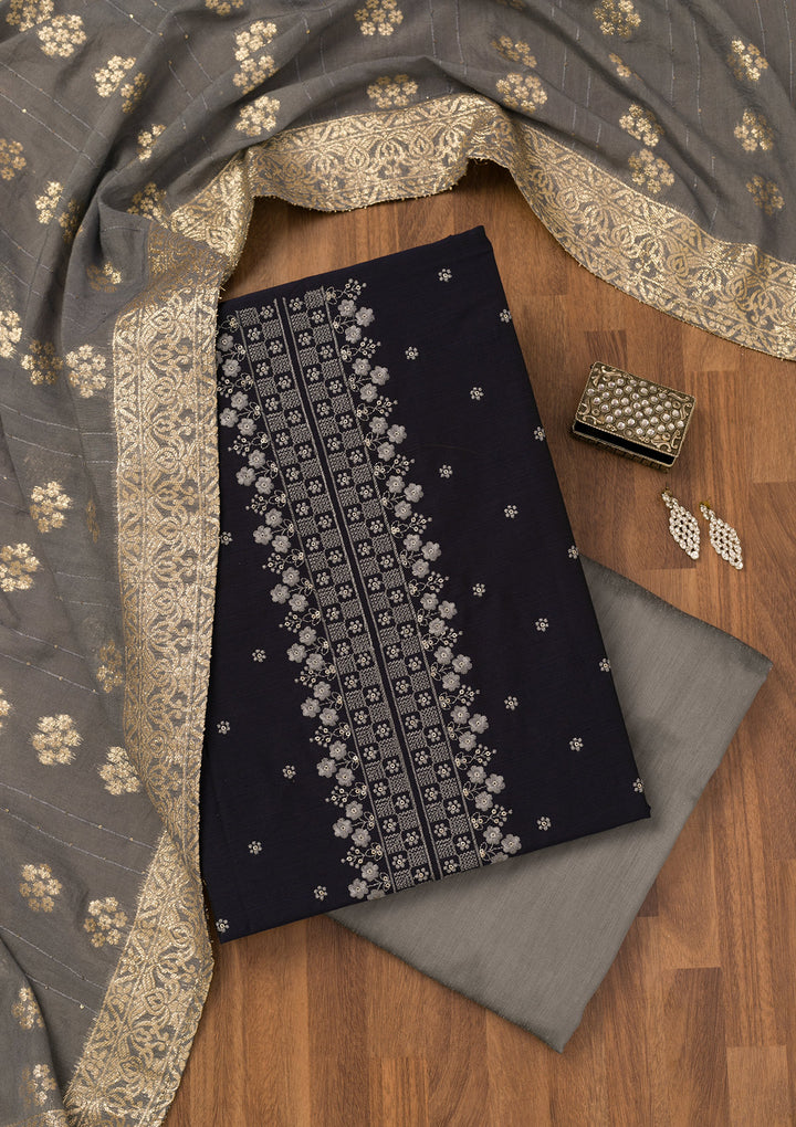 Blue Zariwork Art Silk Unstitched Salwar Suit