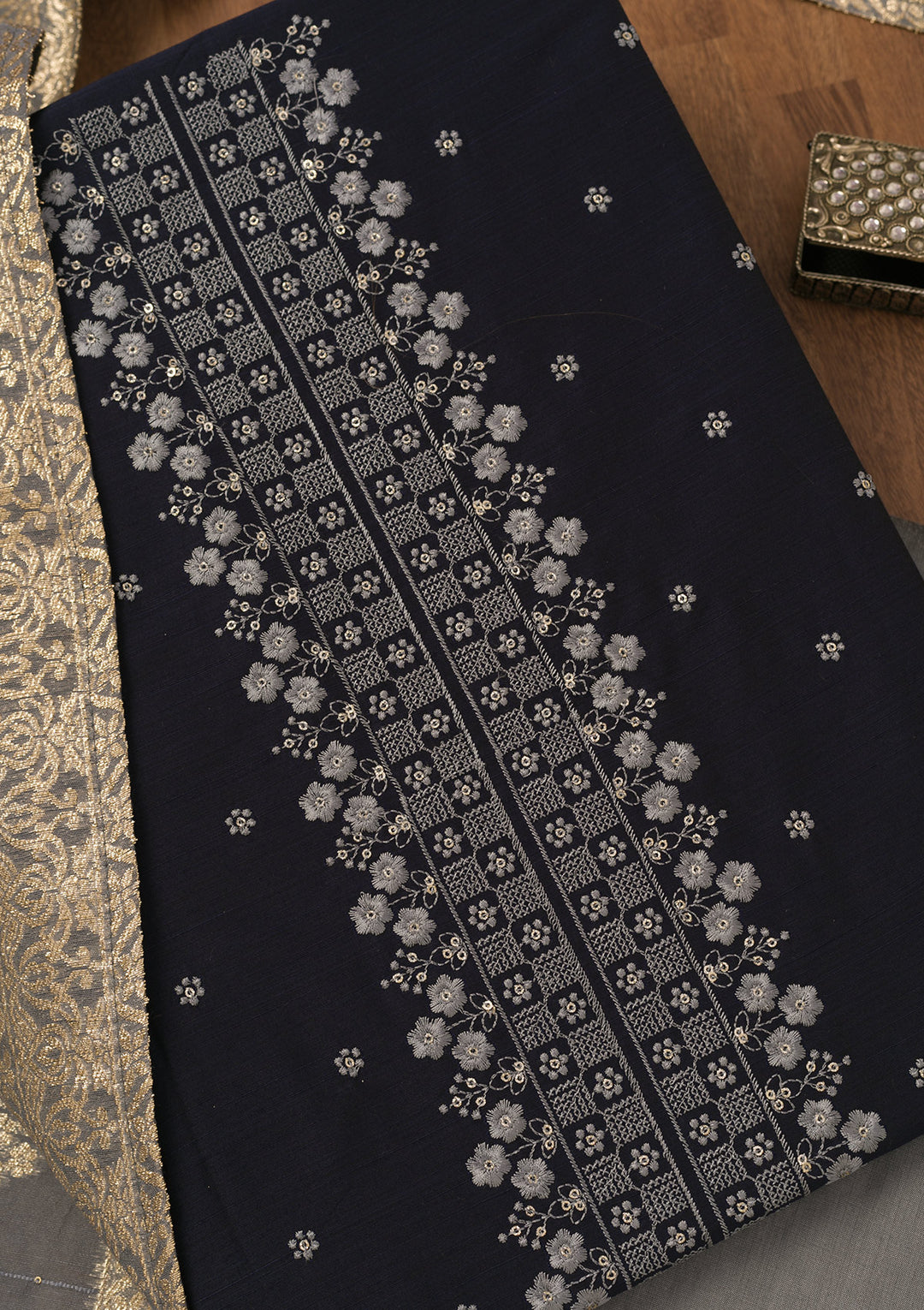 Blue Zariwork Art Silk Unstitched Salwar Suit
