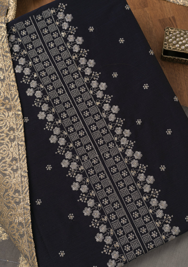 Blue Zariwork Art Silk Unstitched Salwar Suit
