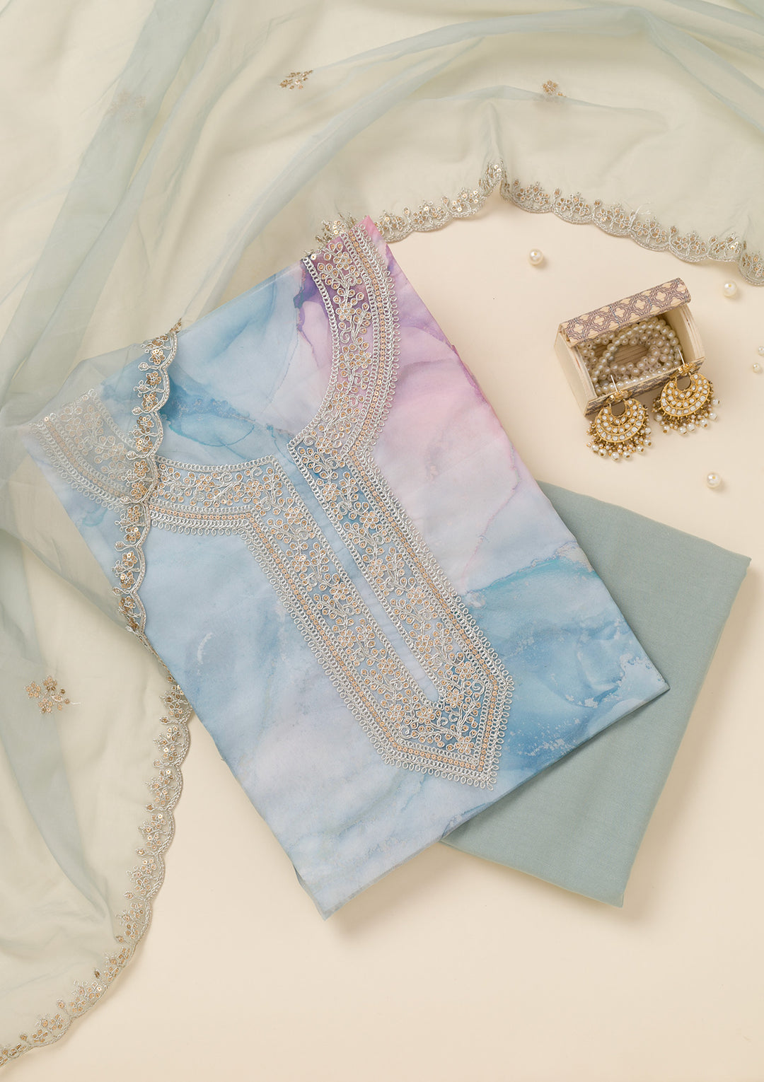 Blue Zariwork Organza Unstitched Salwar Suit