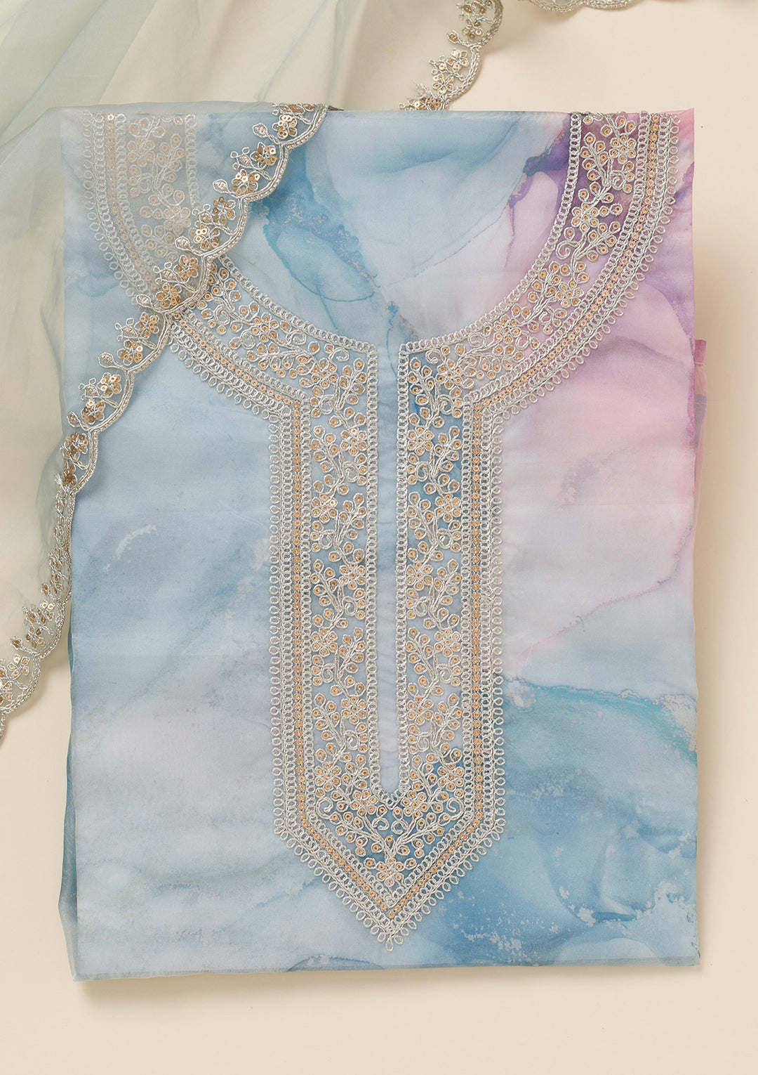 Blue Zariwork Organza Unstitched Salwar Suit