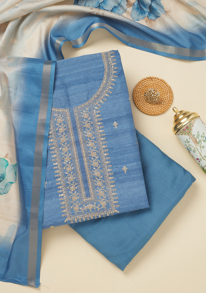 Blue Zariwork Raw Silk Unstitched Salwar Suit