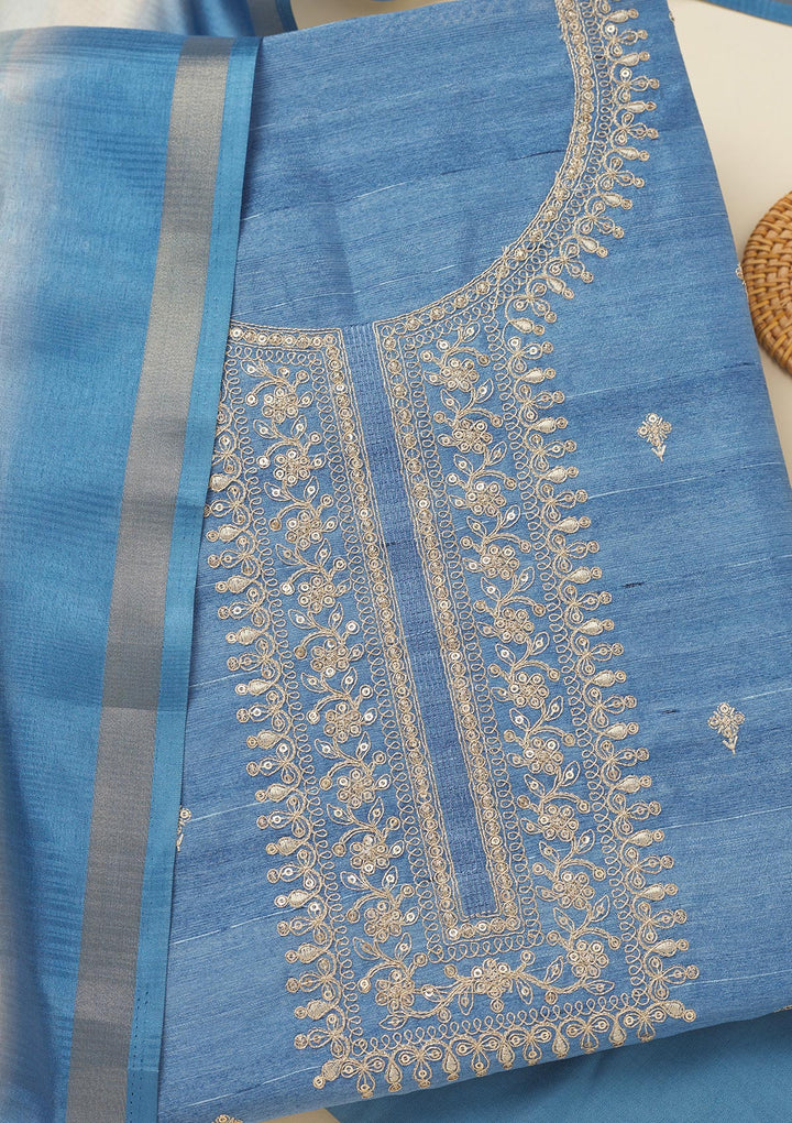 Blue Zariwork Raw Silk Unstitched Salwar Suit
