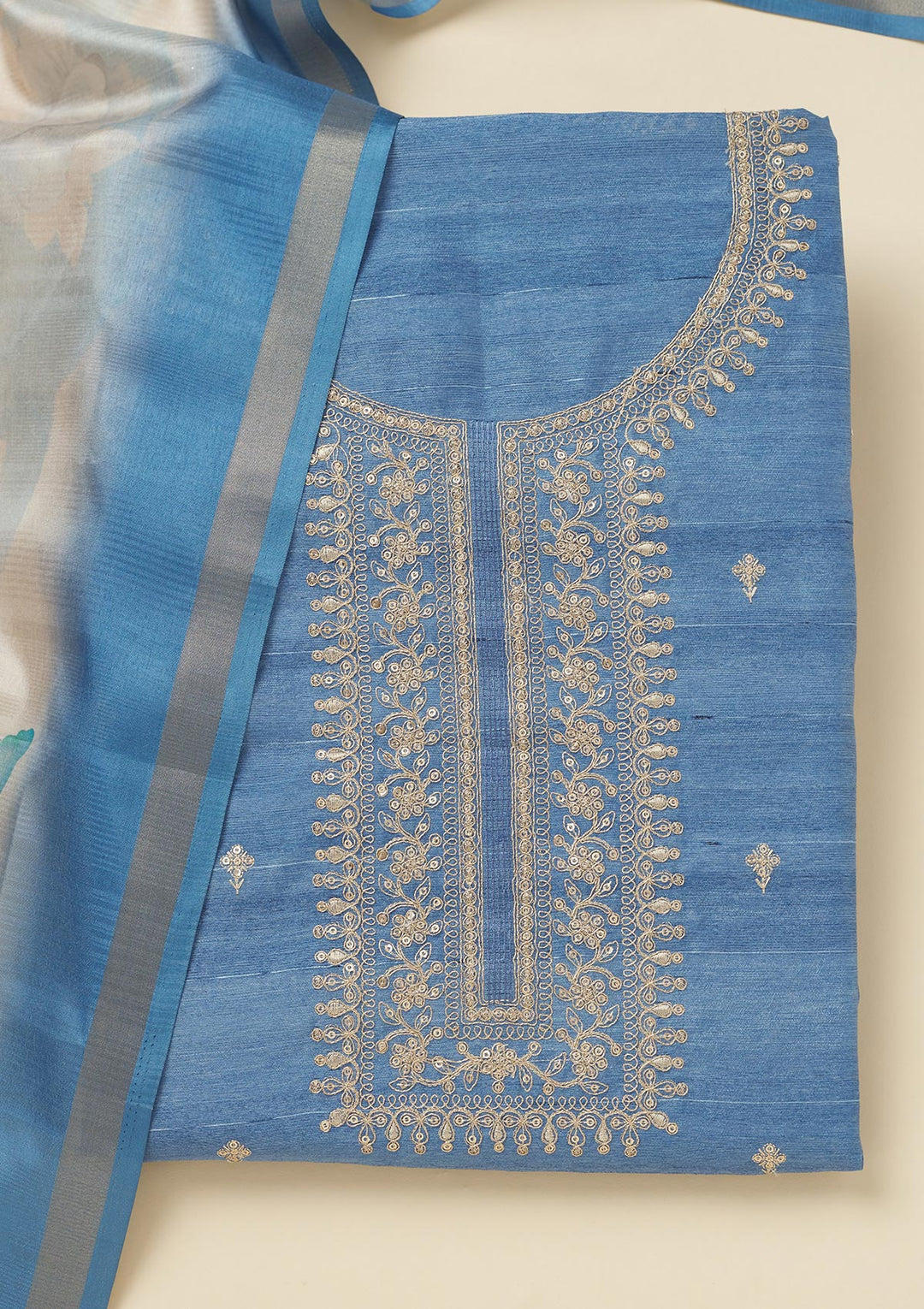 Blue Zariwork Raw Silk Unstitched Salwar Suit