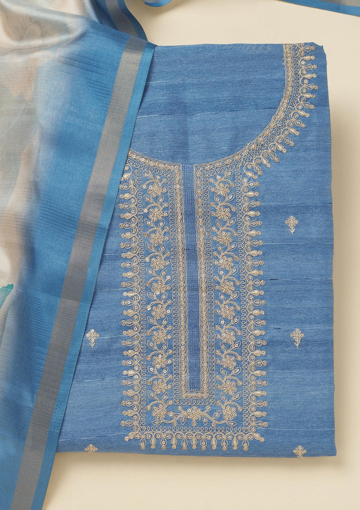 Blue Zariwork Raw Silk Unstitched Salwar Suit