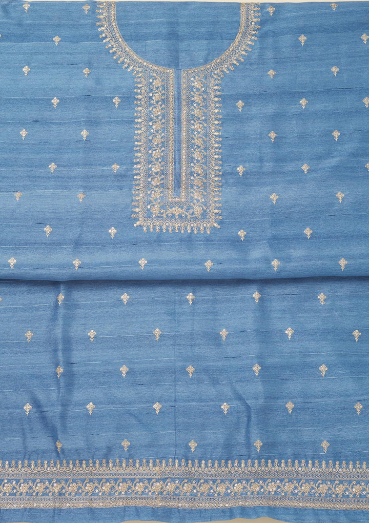 Blue Zariwork Raw Silk Unstitched Salwar Suit