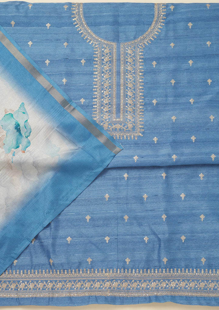 Blue Zariwork Raw Silk Unstitched Salwar Suit