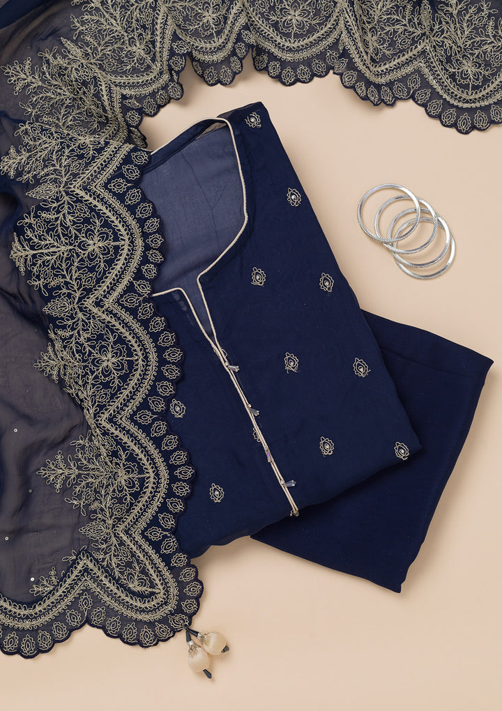 Blue Zariwork Semi Crepe Unstitched Salwar Suit
