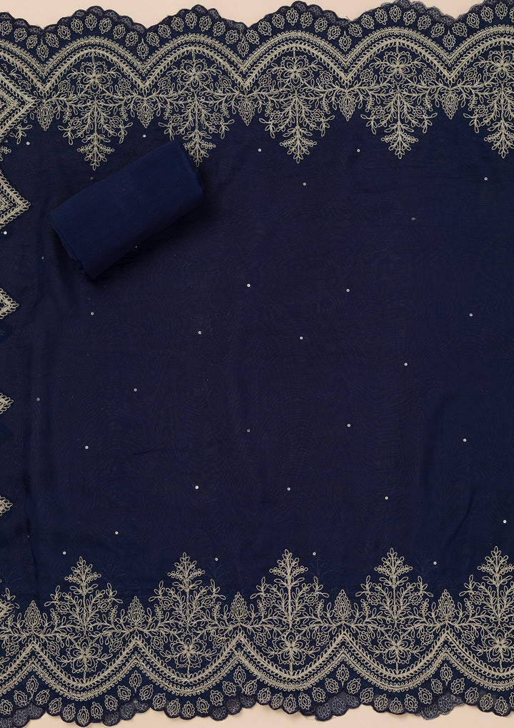 Blue Zariwork Semi Crepe Unstitched Salwar Suit
