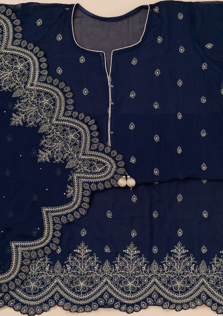 Blue Zariwork Semi Crepe Unstitched Salwar Suit