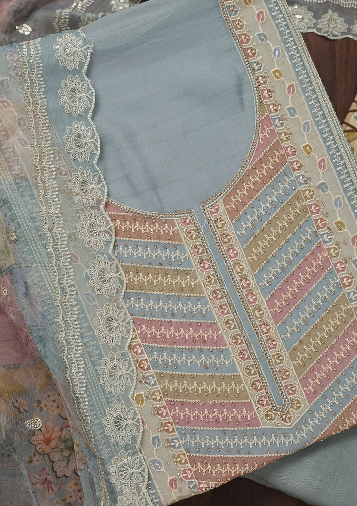 Blue Zariwork Semi Crepe Unstitched Salwar Suit