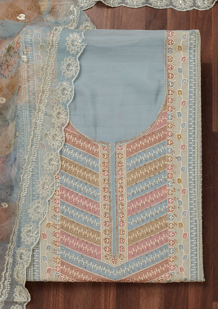 Blue Zariwork Semi Crepe Unstitched Salwar Suit