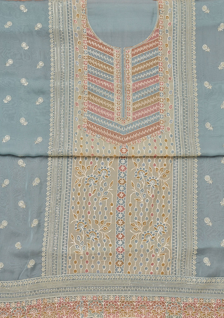 Blue Zariwork Semi Crepe Unstitched Salwar Suit