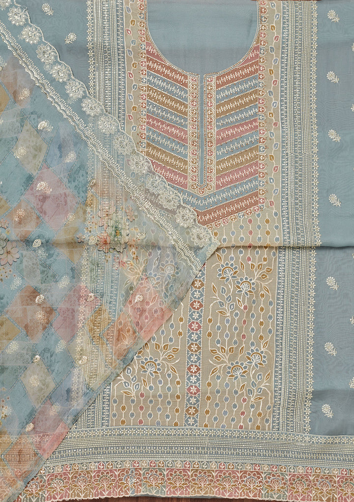 Blue Zariwork Semi Crepe Unstitched Salwar Suit