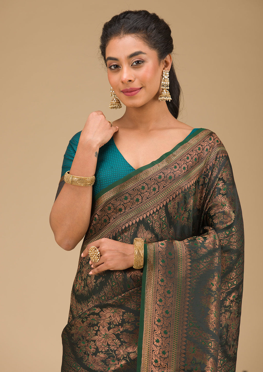 Bottle Green Stonework Art Silk Saree
