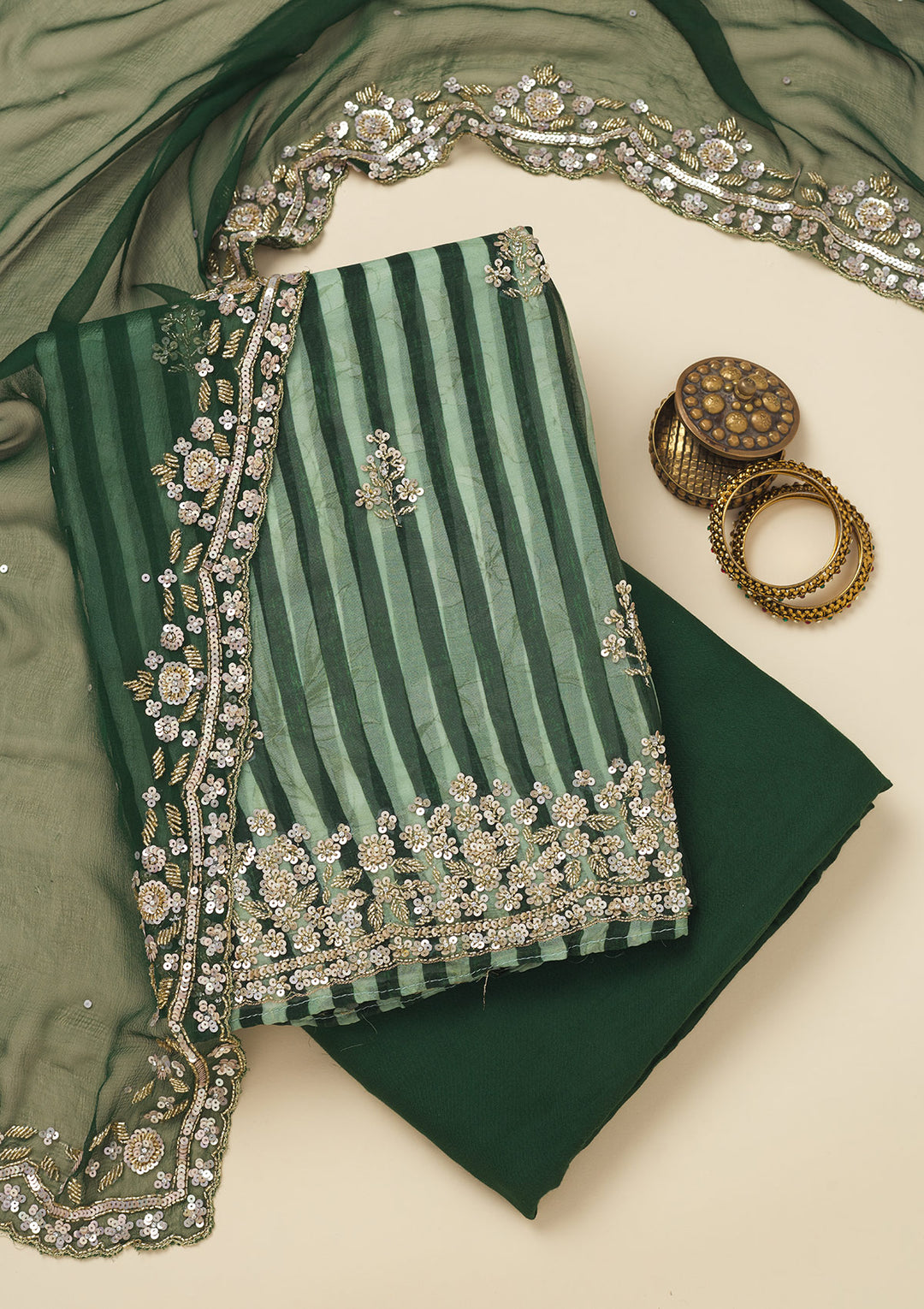 Bottle Green Cutdana Semi Crepe Unstitched Salwar Suit