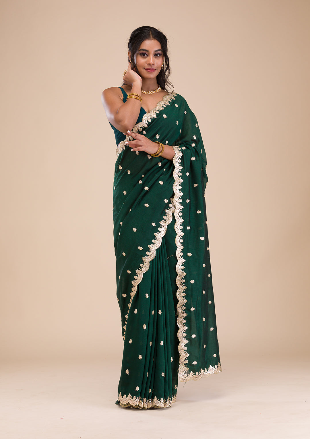 Bottle Green Gotapatti Raw Silk Saree