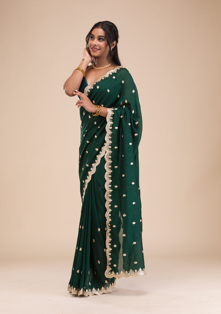 Bottle Green Gotapatti Raw Silk Saree