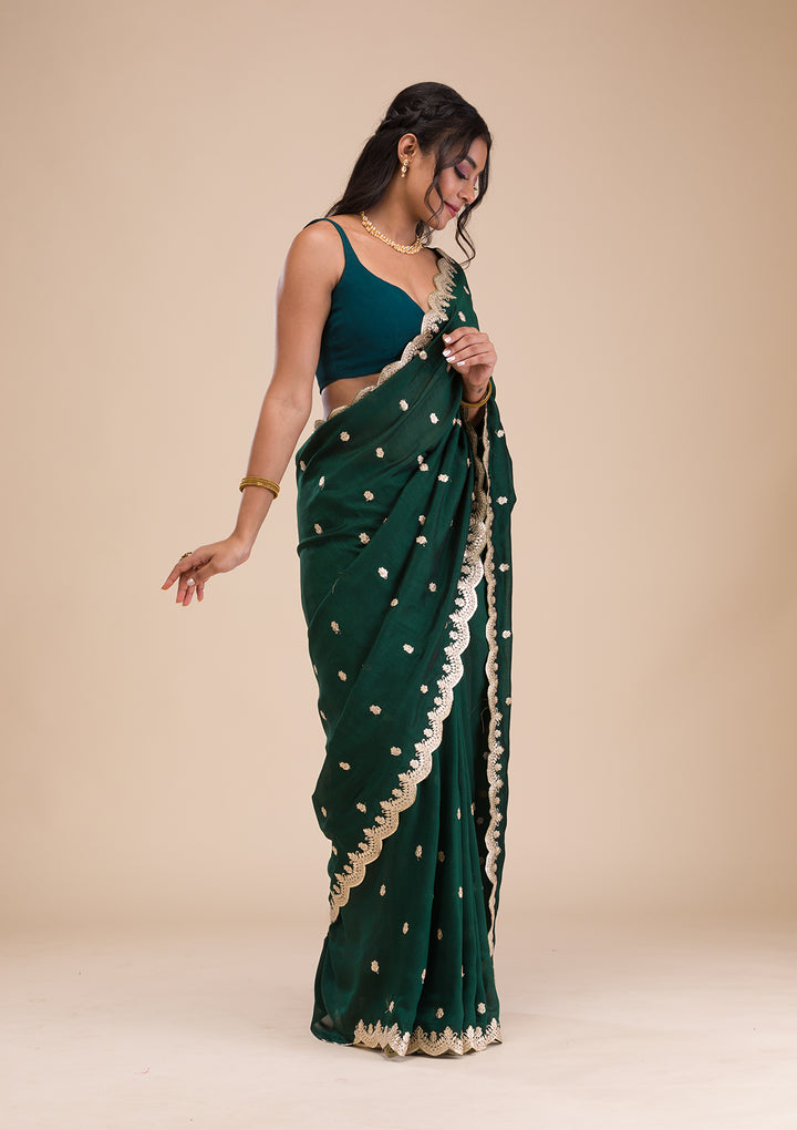 Bottle Green Gotapatti Raw Silk Saree