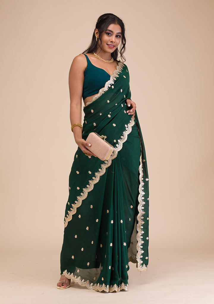 Bottle Green Gotapatti Raw Silk Saree