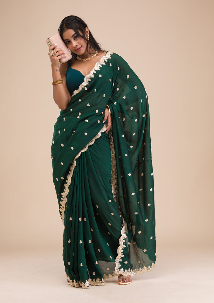 Bottle Green Gotapatti Raw Silk Saree