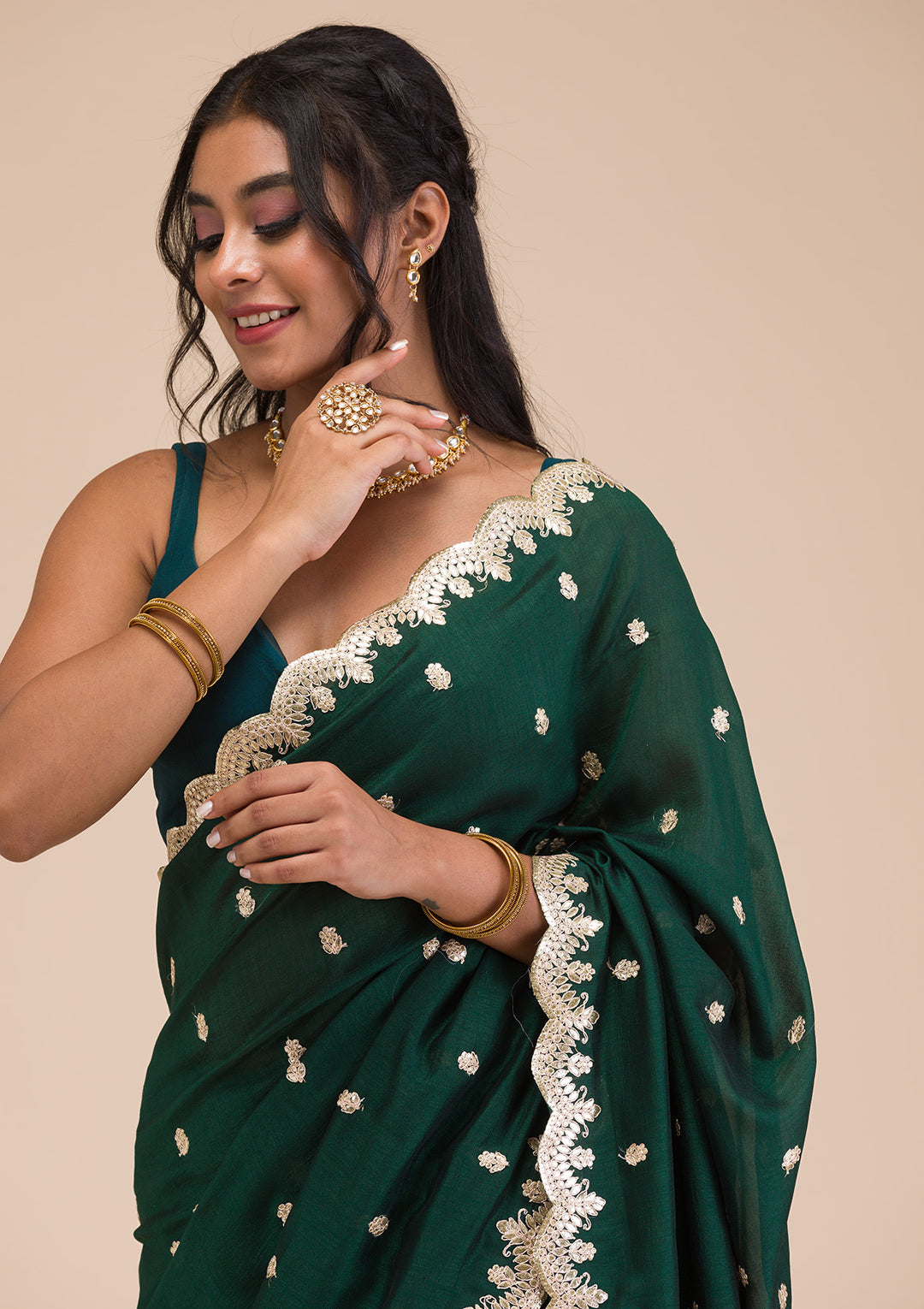Bottle Green Gotapatti Raw Silk Saree