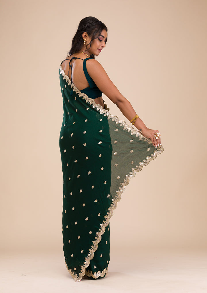 Bottle Green Gotapatti Raw Silk Saree