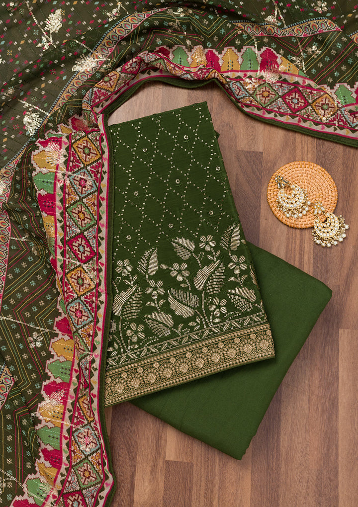 Bottle Green Sequins Semi Crepe Unstitched Salwar Suit