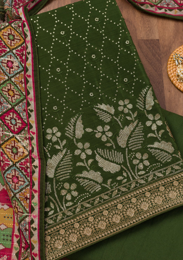 Bottle Green Sequins Semi Crepe Unstitched Salwar Suit