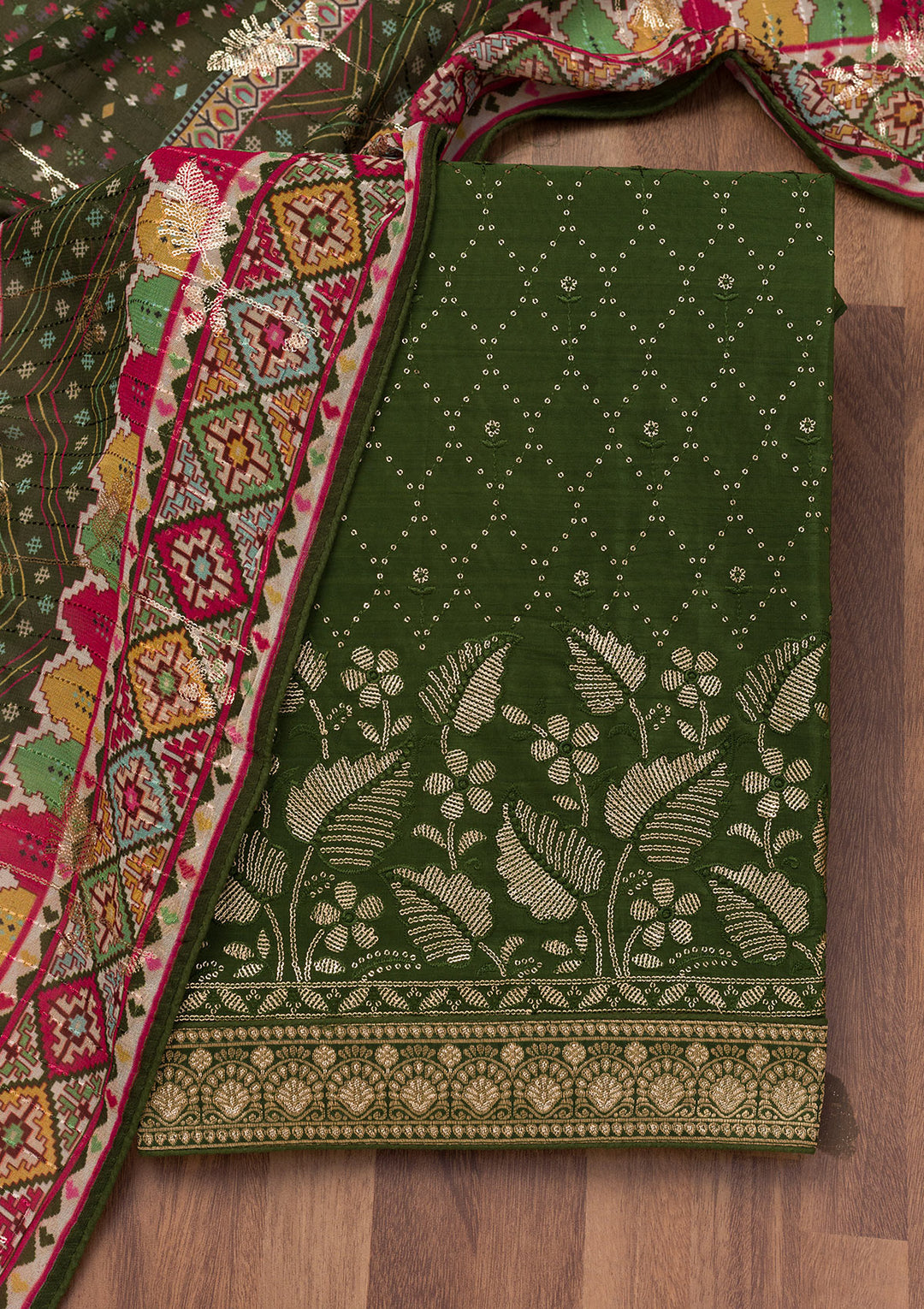 Bottle Green Sequins Semi Crepe Unstitched Salwar Suit