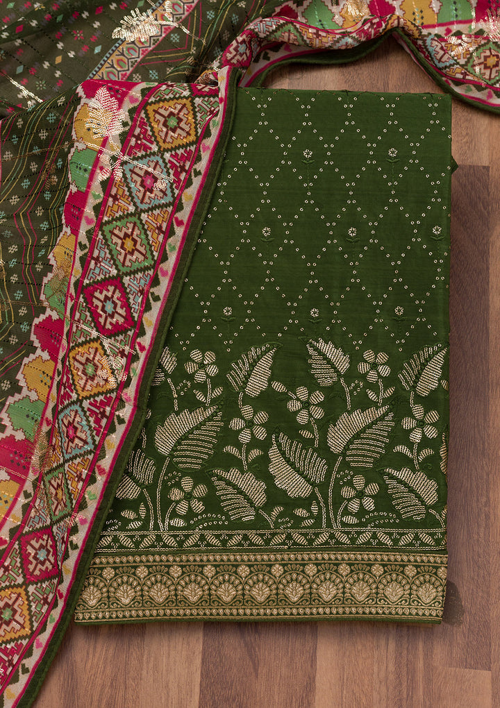 Bottle Green Sequins Semi Crepe Unstitched Salwar Suit