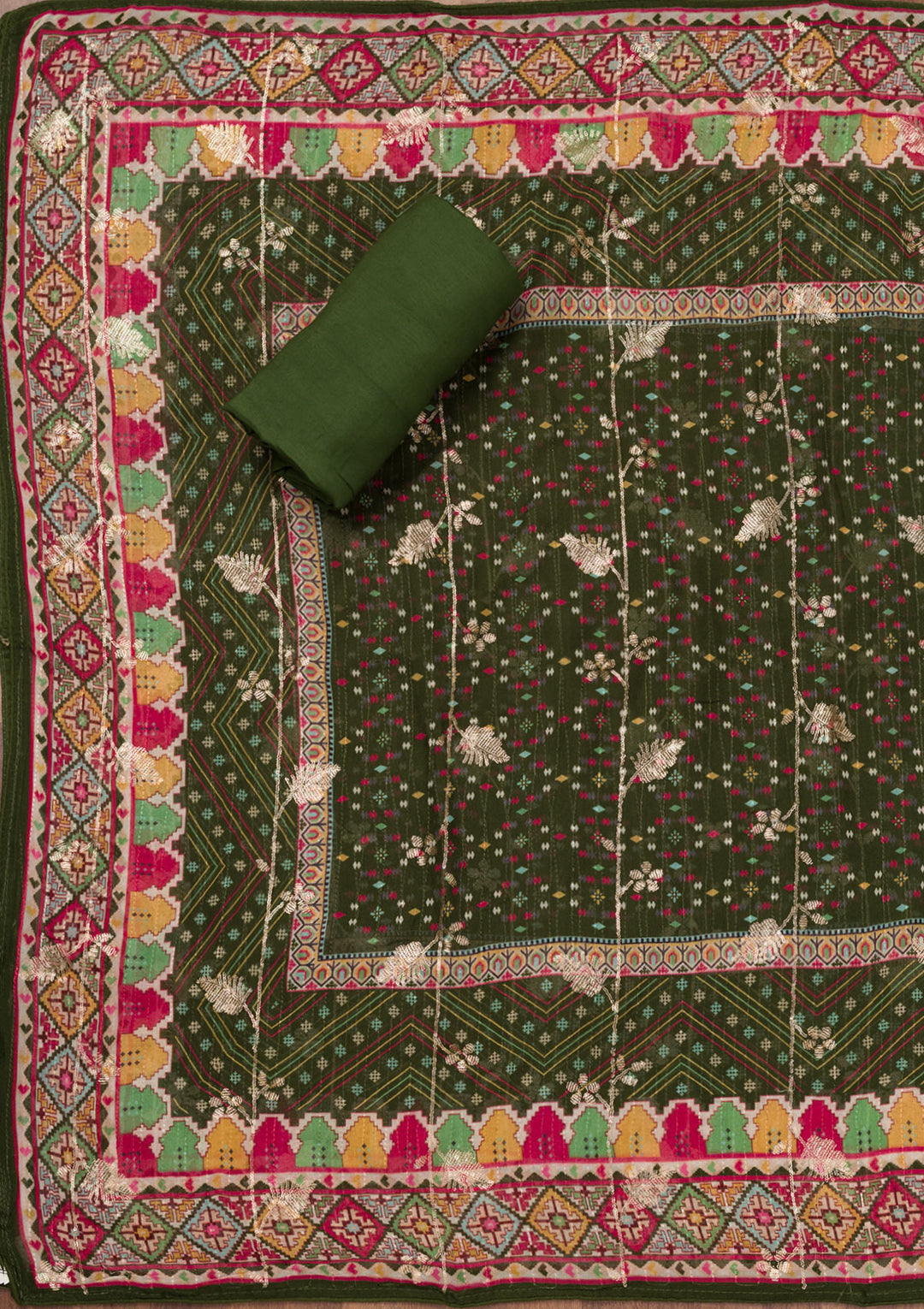 Bottle Green Sequins Semi Crepe Unstitched Salwar Suit