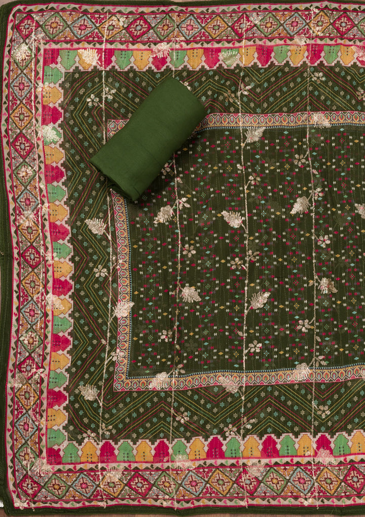 Bottle Green Sequins Semi Crepe Unstitched Salwar Suit